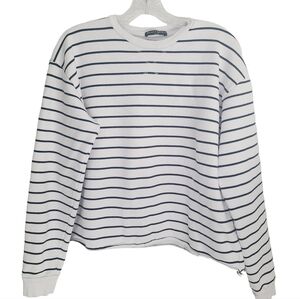 Brandy Melville | Women's White Striped Raw Asymmetrical Hem Shirt (One Size)